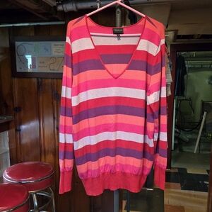 Lane Bryant Striped V-Neck Sweater - Red, Pink, Purple